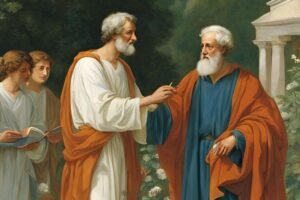 picture of greek philosophers discussing philosophy in a garden