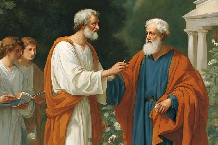 picture of greek philosophers discussing philosophy in a garden